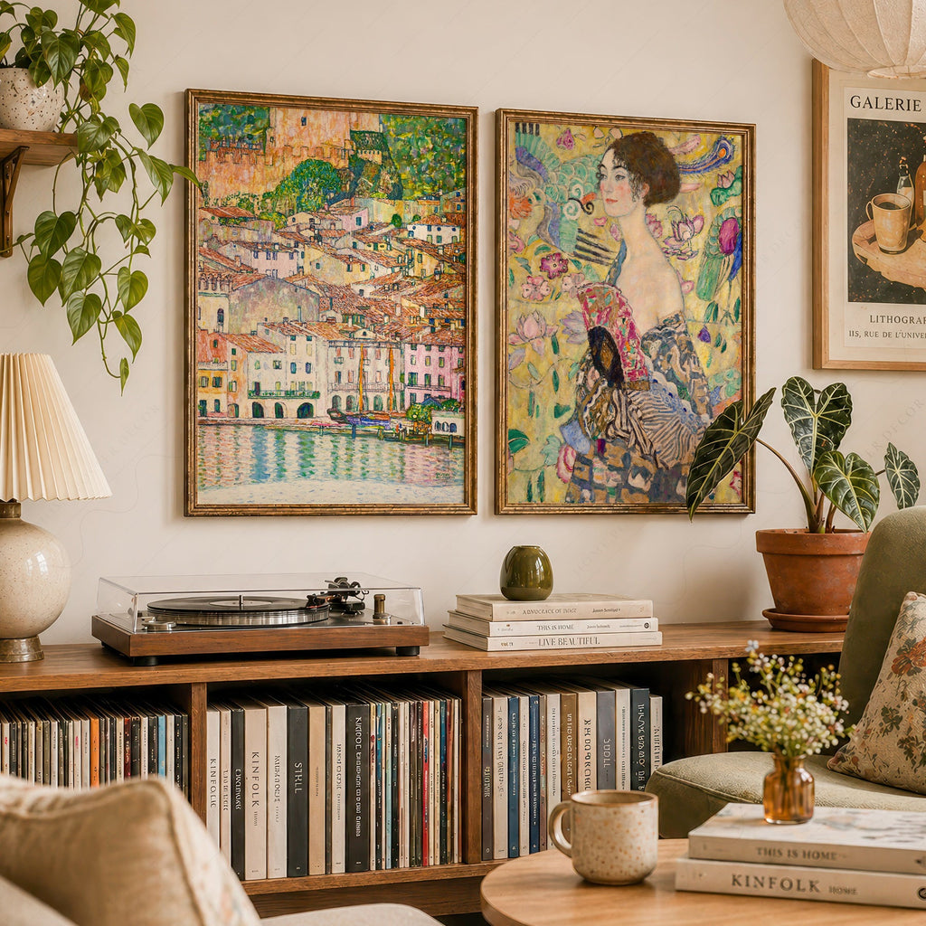 Gustav Klimt Set of 2 Art Prints – Lady with Fan & Malcesine Lake Garda