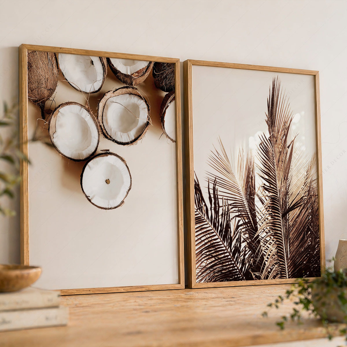 Tropical Coconut & Palm Leaf Print Set – Boho Coastal Wall Art Decor