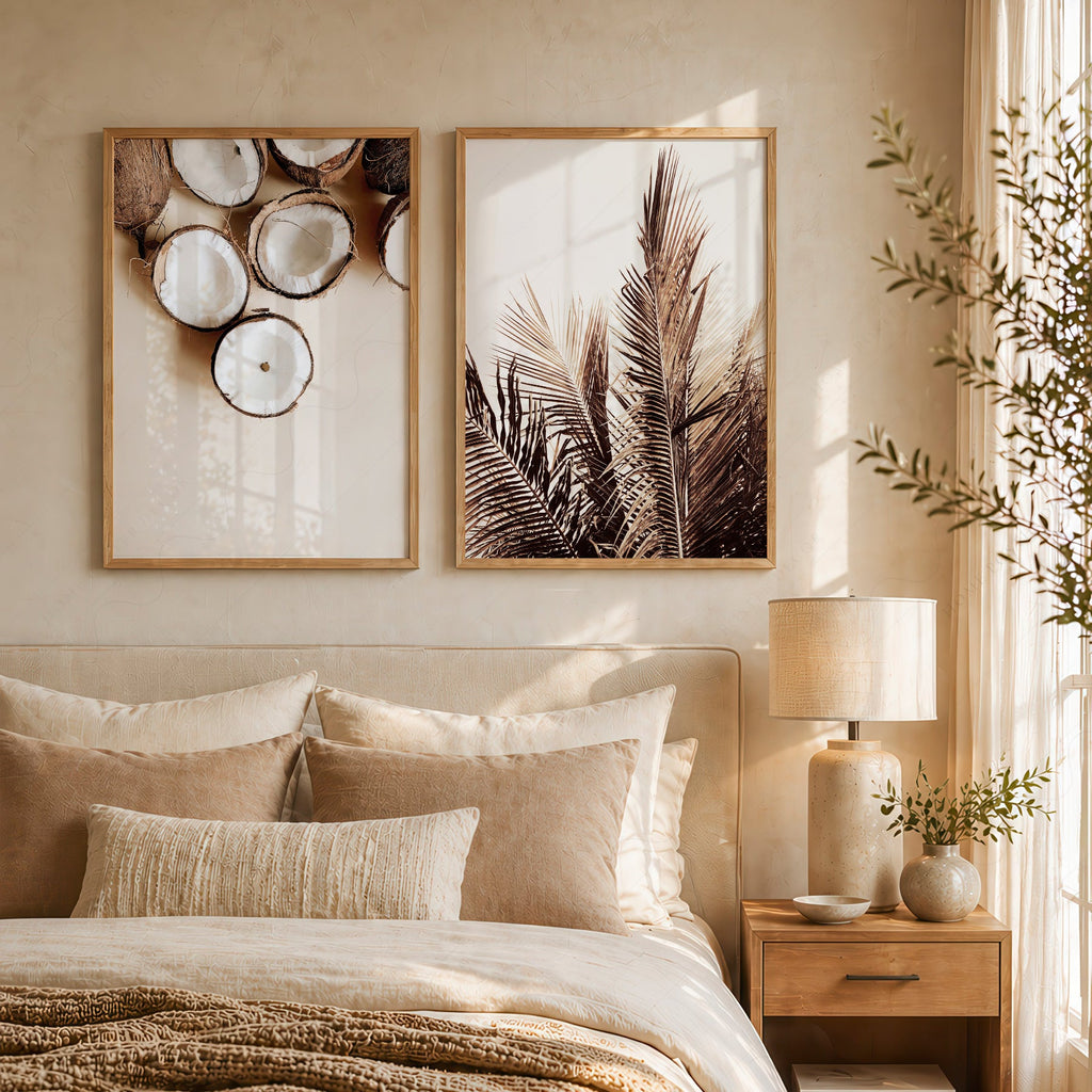 Tropical Coconut & Palm Leaf Print Set – Boho Coastal Wall Art Decor