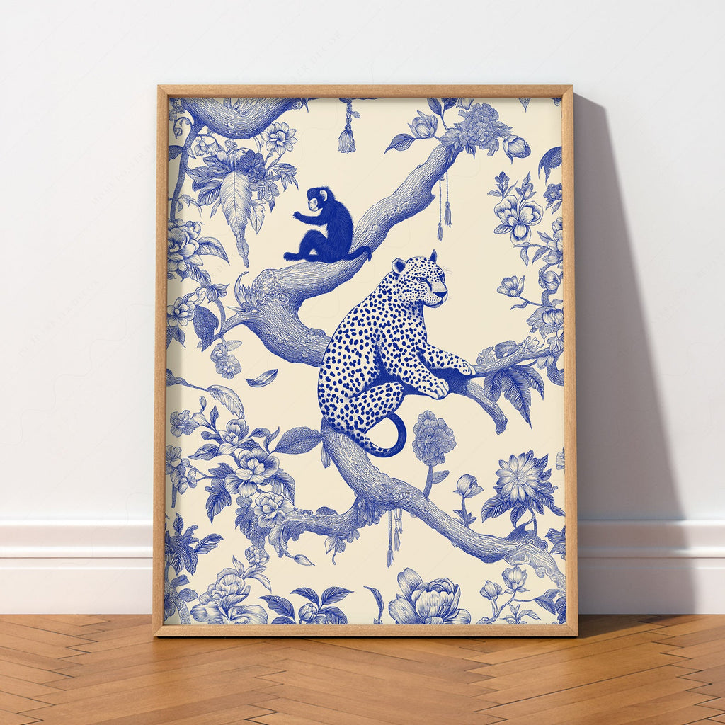Chinoiserie Leopard & Monkey Art Print – Blue White Botanical Wall Decor