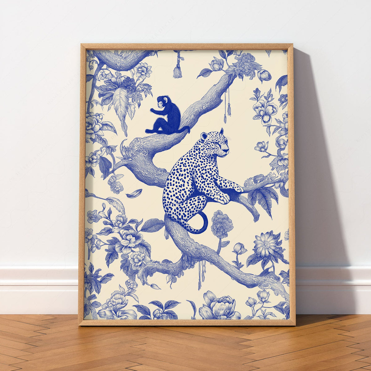 Chinoiserie Leopard & Monkey Art Print – Blue White Botanical Wall Decor