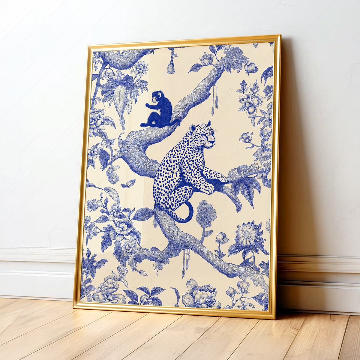 Chinoiserie Leopard & Monkey Art Print – Blue White Botanical Wall Decor