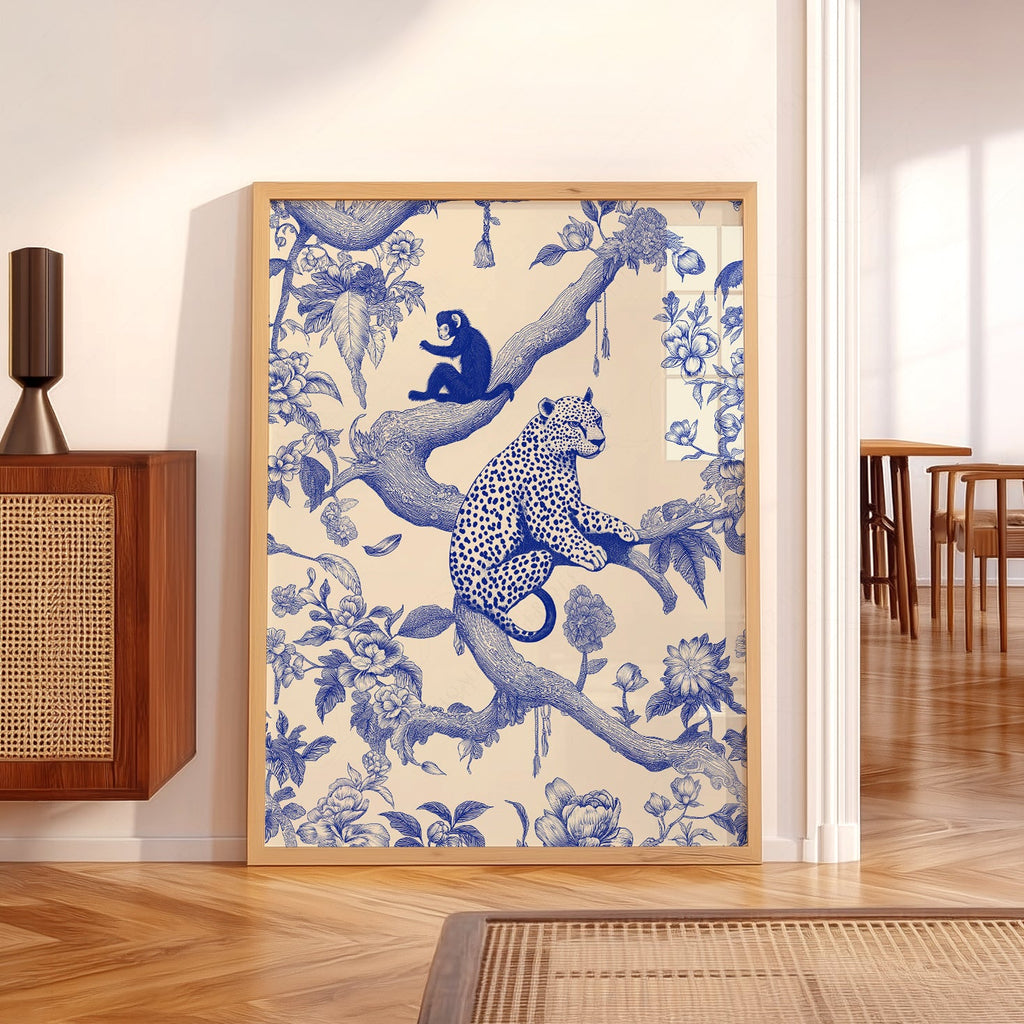 Chinoiserie Leopard & Monkey Art Print – Blue White Botanical Wall Decor