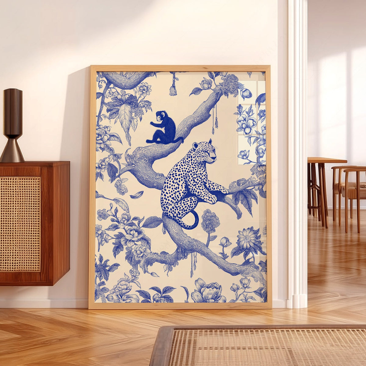 Chinoiserie Leopard & Monkey Art Print – Blue White Botanical Wall Decor