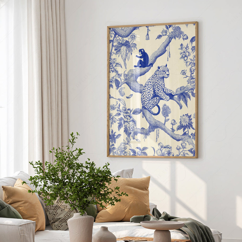 Chinoiserie Leopard & Monkey Art Print – Blue White Botanical Wall Decor