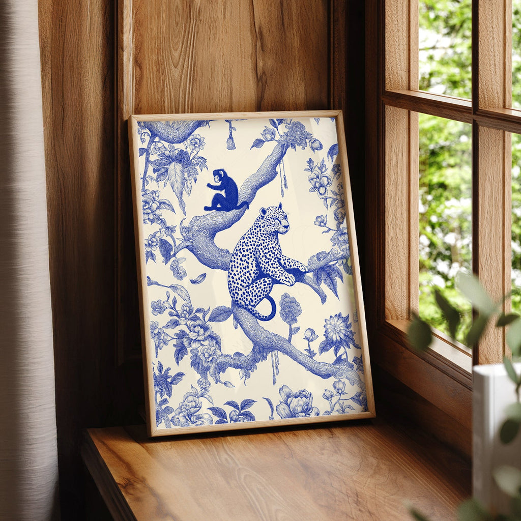 Chinoiserie Leopard & Monkey Art Print – Blue White Botanical Wall Decor