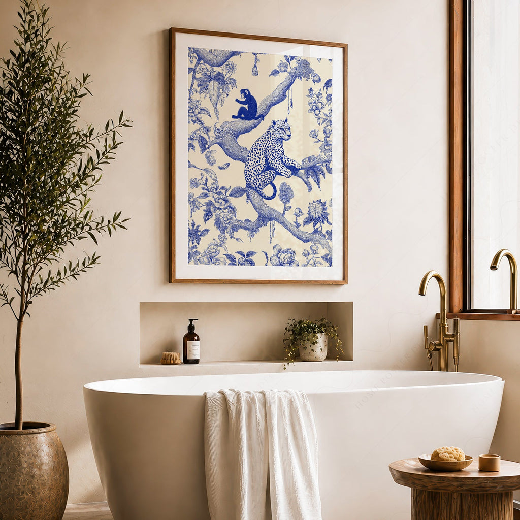 Chinoiserie Leopard & Monkey Art Print – Blue White Botanical Wall Decor