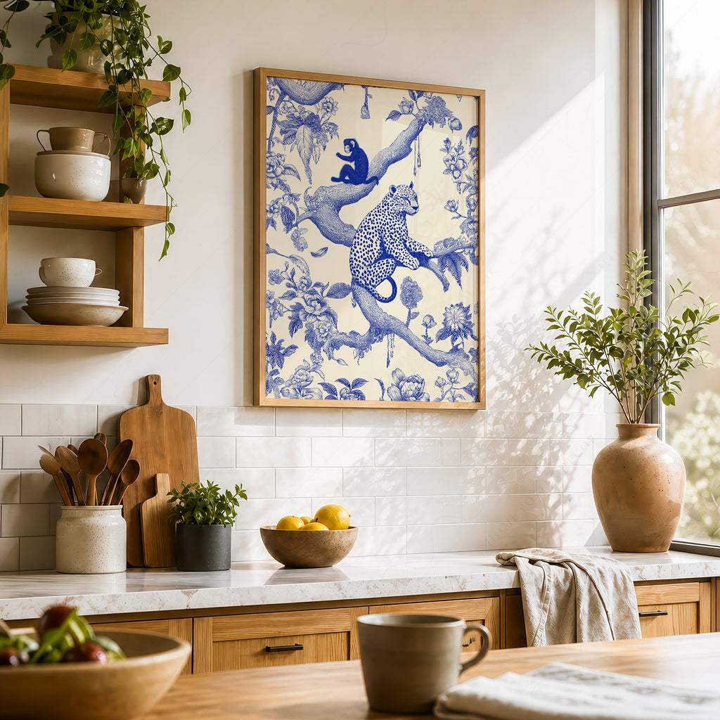 Chinoiserie Leopard & Monkey Art Print – Blue White Botanical Wall Decor