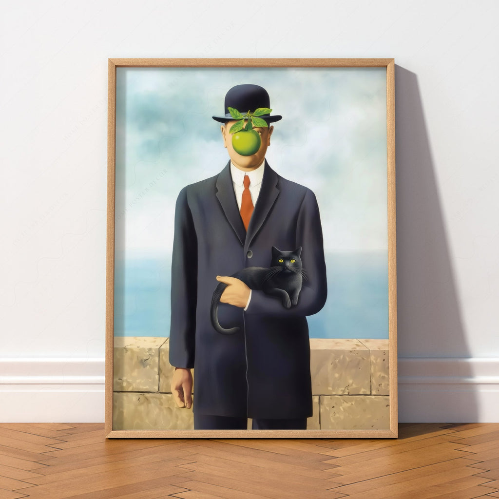 Magritte Son of Man Cat Print – Funny Surrealist Art Poster Wall Decor