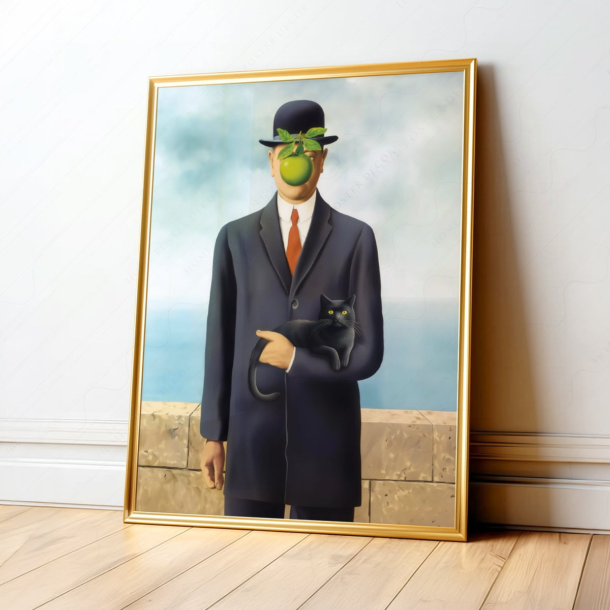 Magritte Son of Man Cat Print – Funny Surrealist Art Poster Wall Decor