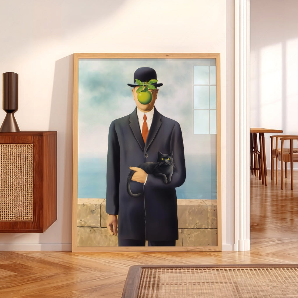Magritte Son of Man Cat Print – Funny Surrealist Art Poster Wall Decor