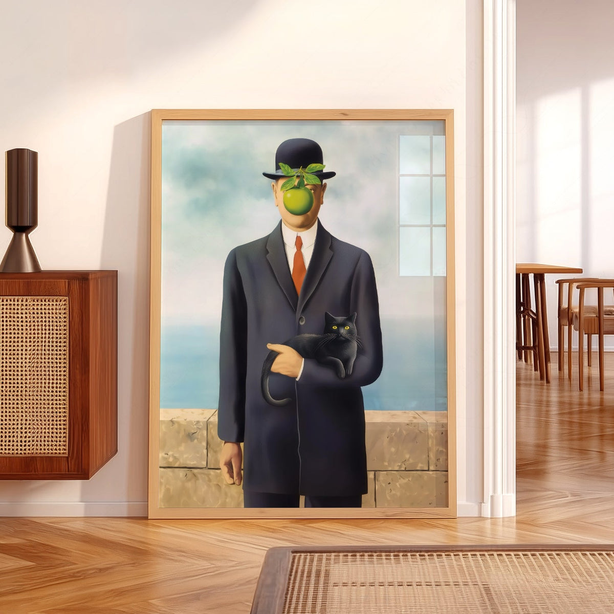 Magritte Son of Man Cat Print – Funny Surrealist Art Poster Wall Decor