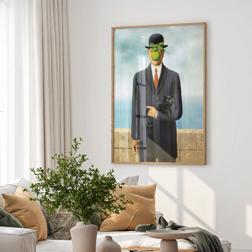Magritte Son of Man Cat Print – Funny Surrealist Art Poster Wall Decor