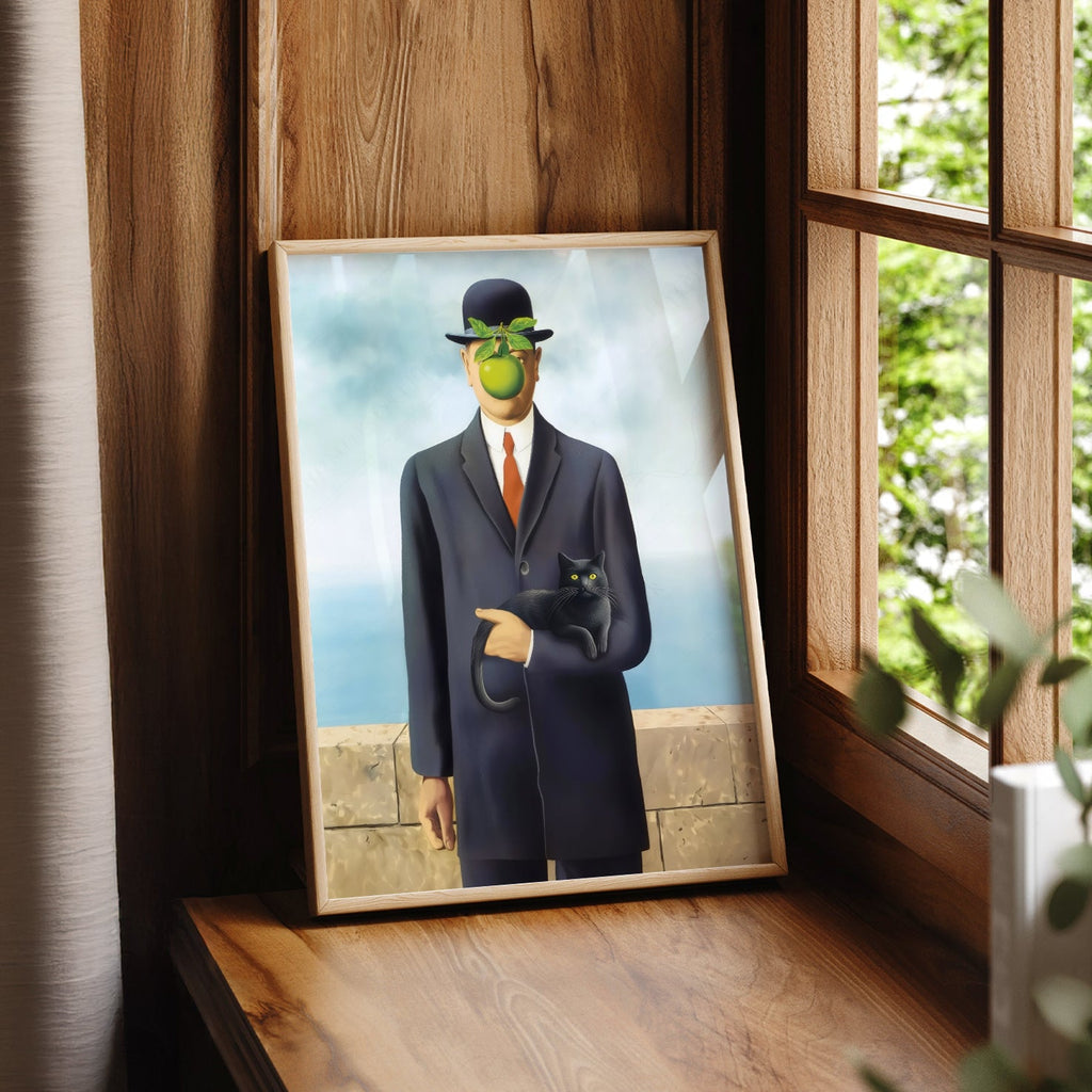 Magritte Son of Man Cat Print – Funny Surrealist Art Poster Wall Decor
