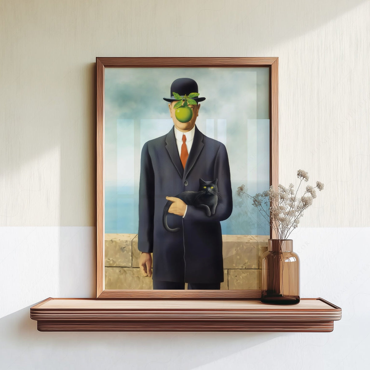 Magritte Son of Man Cat Print – Funny Surrealist Art Poster Wall Decor