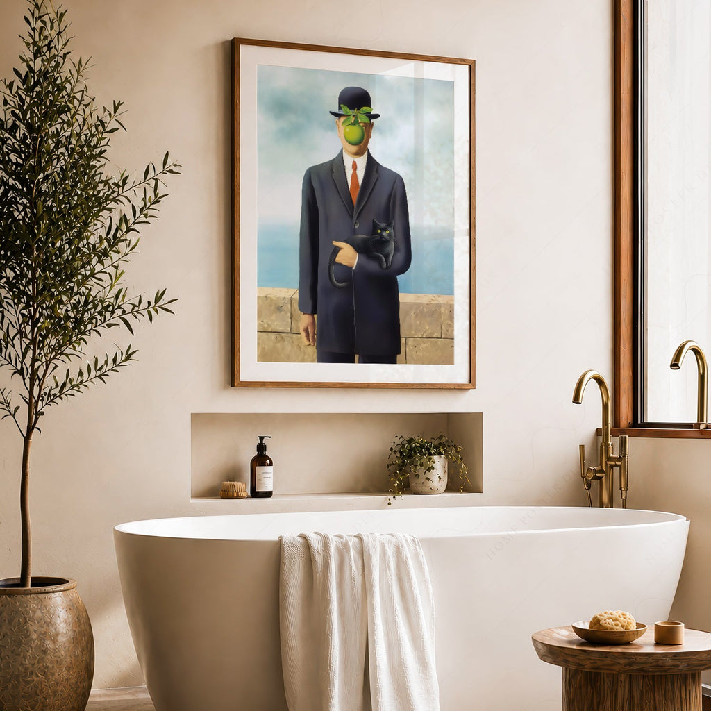 Magritte Son of Man Cat Print – Funny Surrealist Art Poster Wall Decor