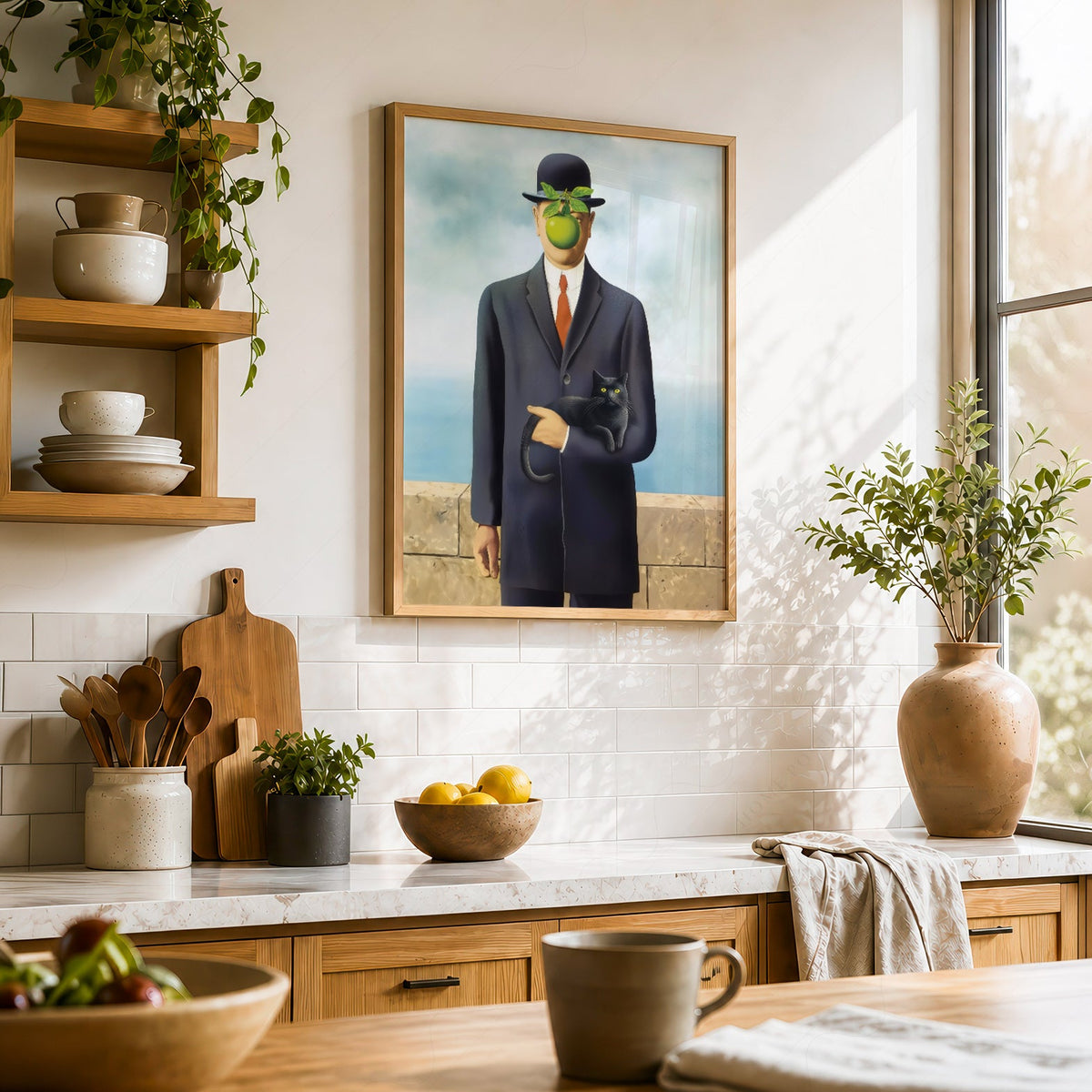 Magritte Son of Man Cat Print – Funny Surrealist Art Poster Wall Decor