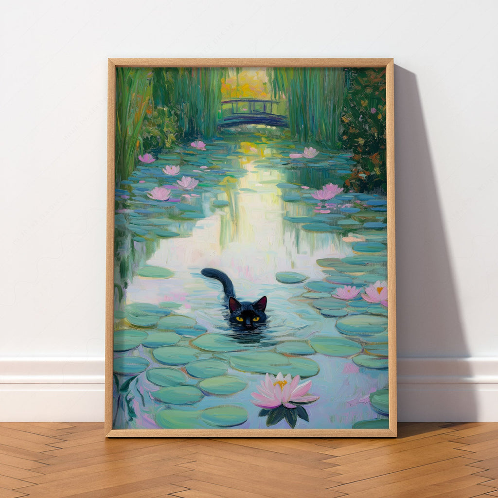 Monet Water Lilies Black Cat Print – Funny Cat Lover Wall Art Poster