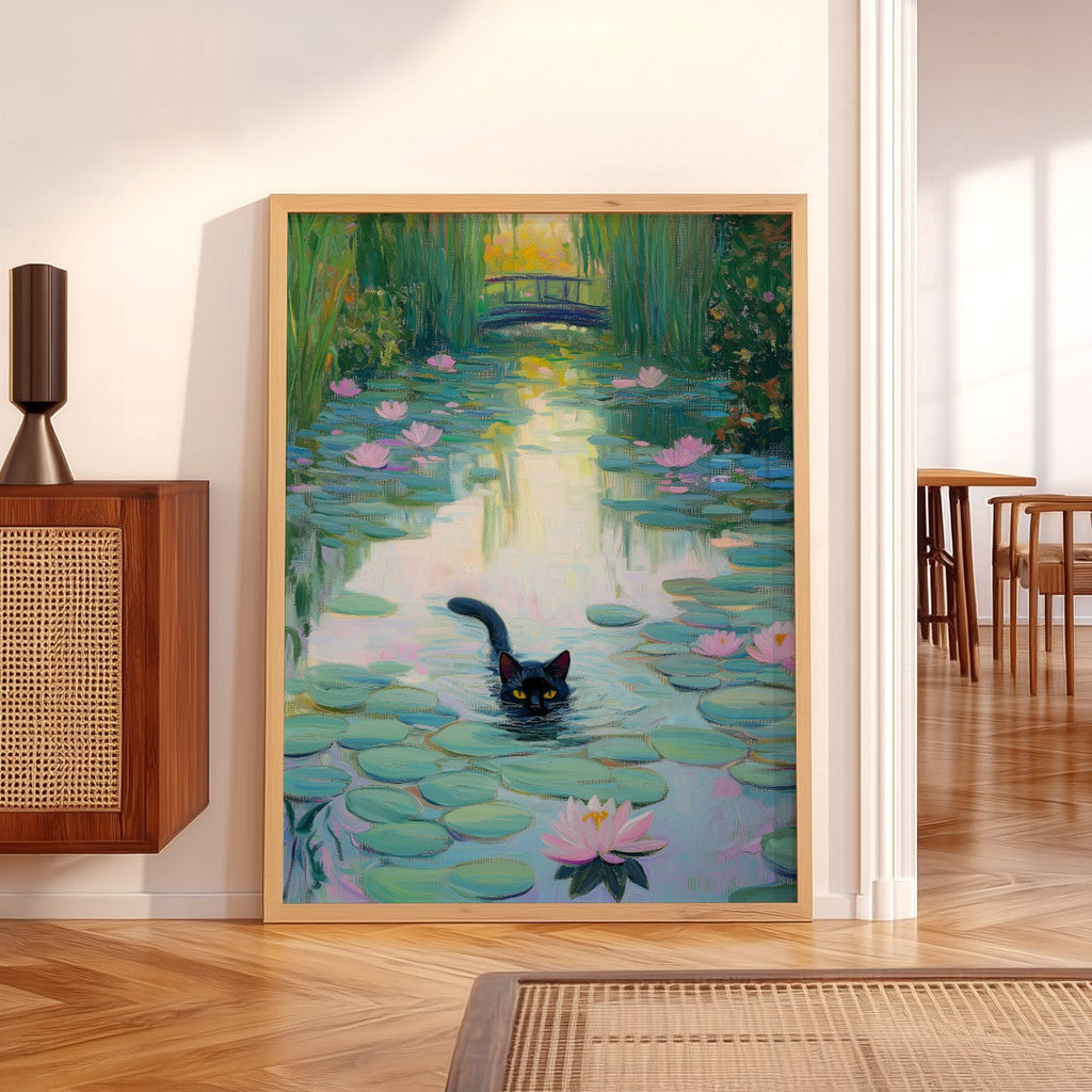 Monet Water Lilies Black Cat Print – Funny Cat Lover Wall Art Poster