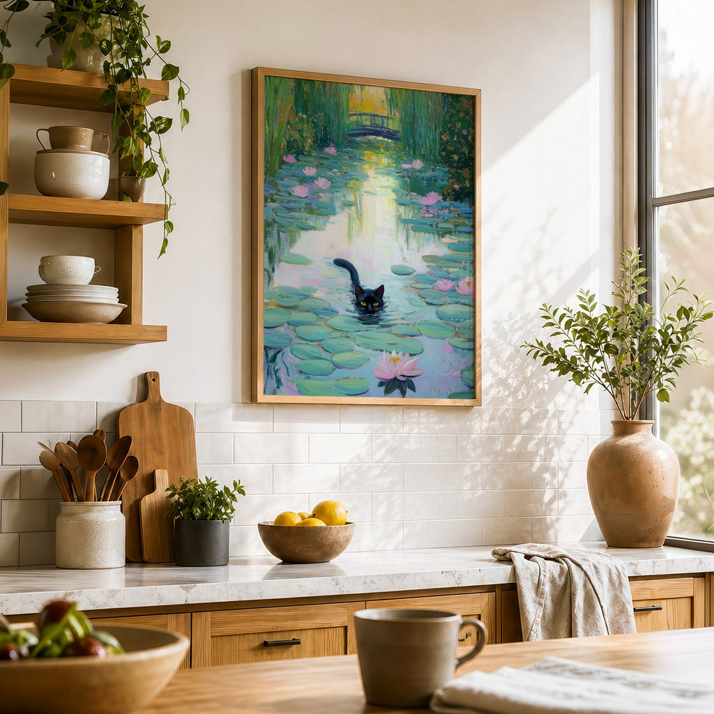 Monet Water Lilies Black Cat Print – Funny Cat Lover Wall Art Poster
