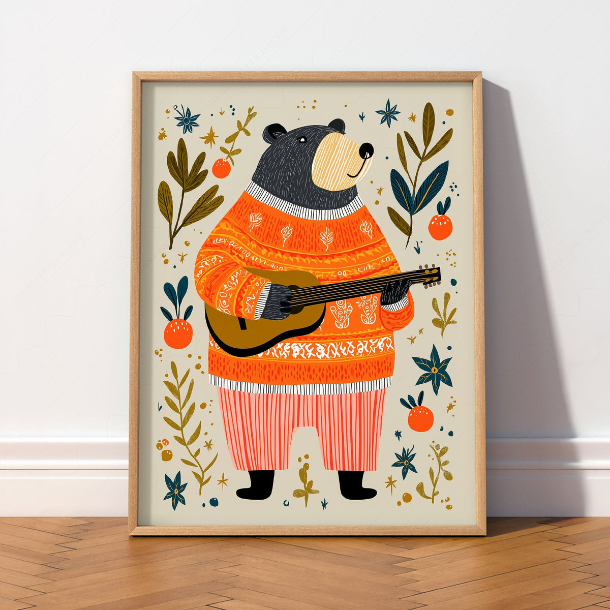 Musical Bear Art Print – Whimsical Nursery Decor Folk Illustration Poster