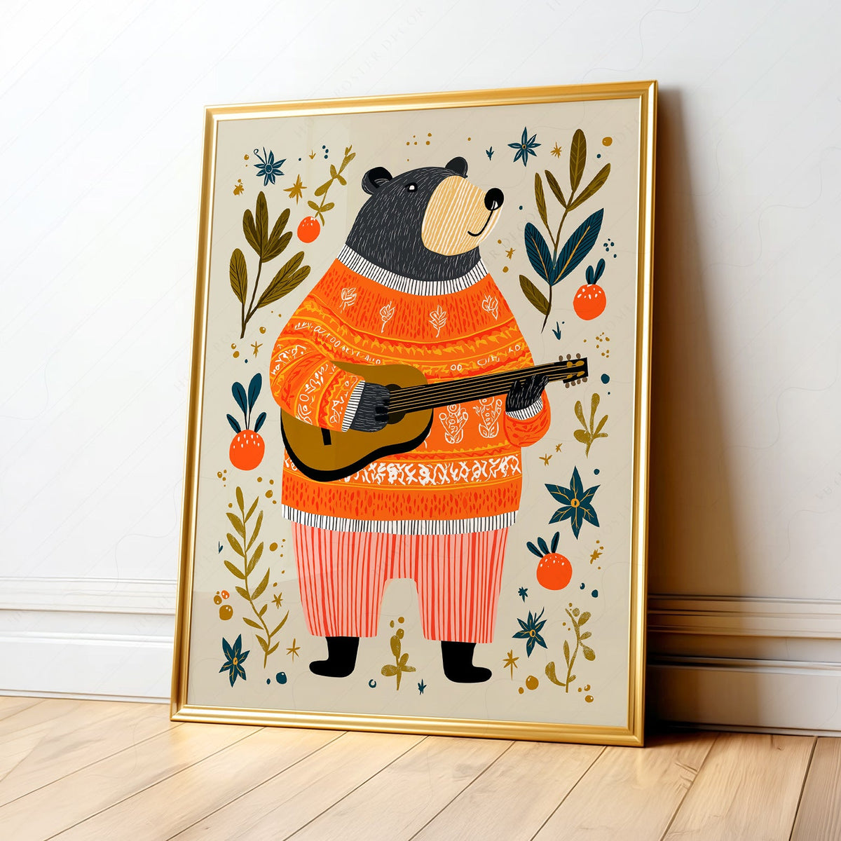 Musical Bear Art Print – Whimsical Nursery Decor Folk Illustration Poster