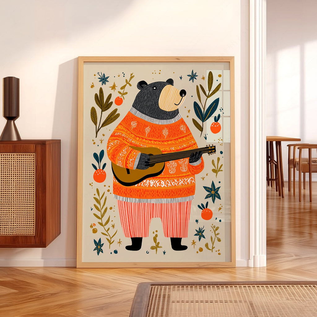 Musical Bear Art Print – Whimsical Nursery Decor Folk Illustration Poster