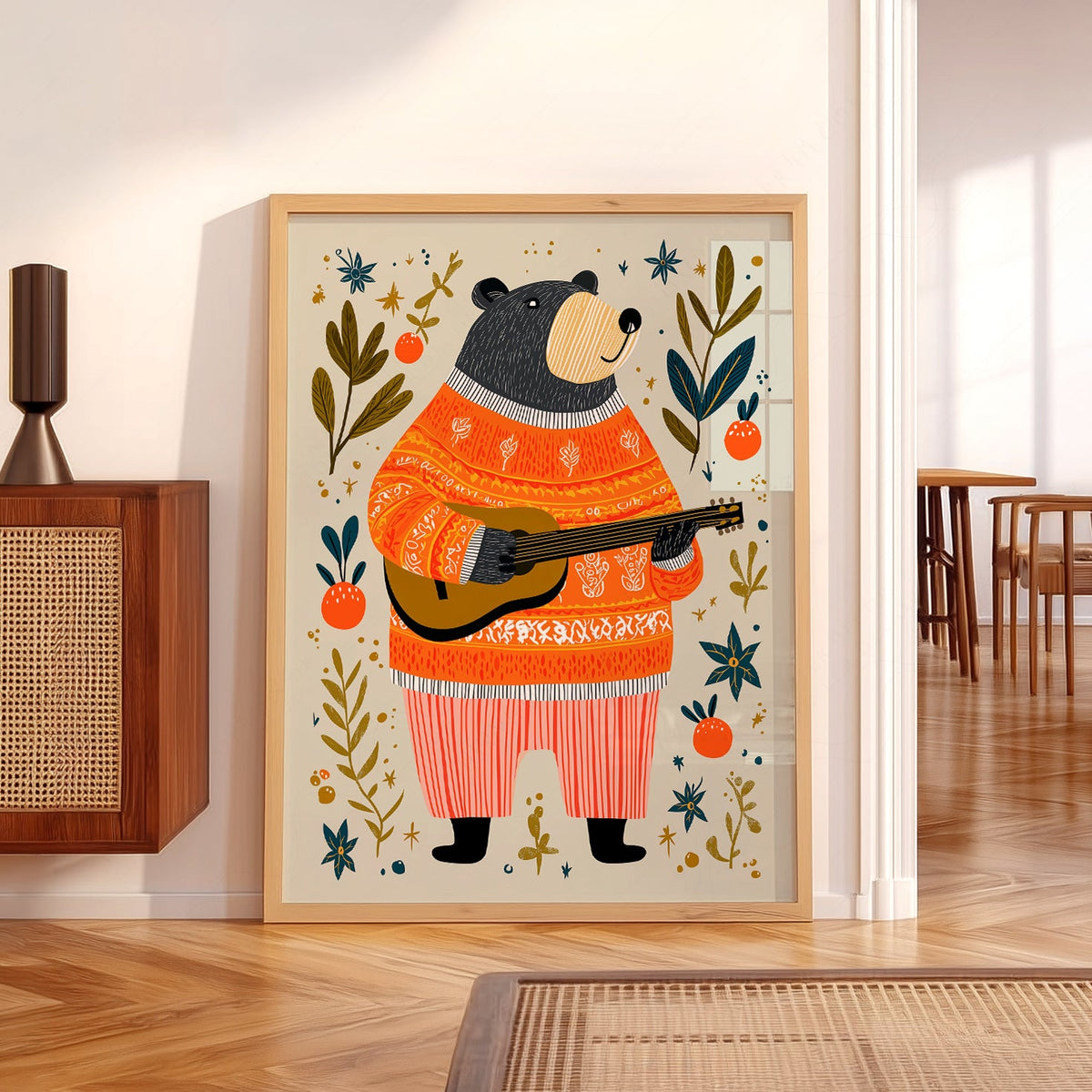 Musical Bear Art Print – Whimsical Nursery Decor Folk Illustration Poster