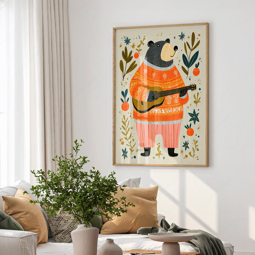 Musical Bear Art Print – Whimsical Nursery Decor Folk Illustration Poster