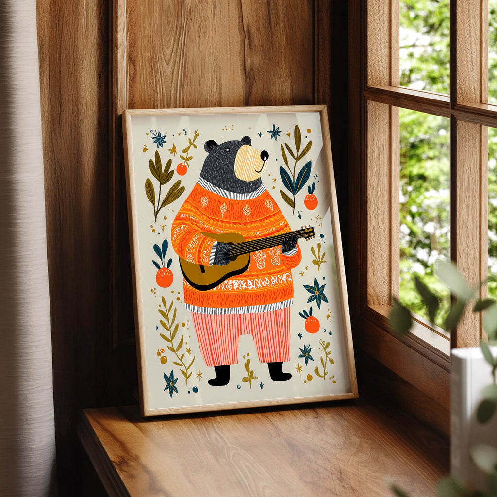 Musical Bear Art Print – Whimsical Nursery Decor Folk Illustration Poster