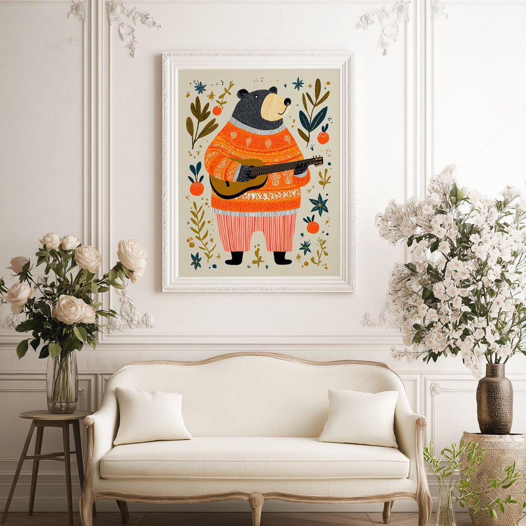 Musical Bear Art Print – Whimsical Nursery Decor Folk Illustration Poster