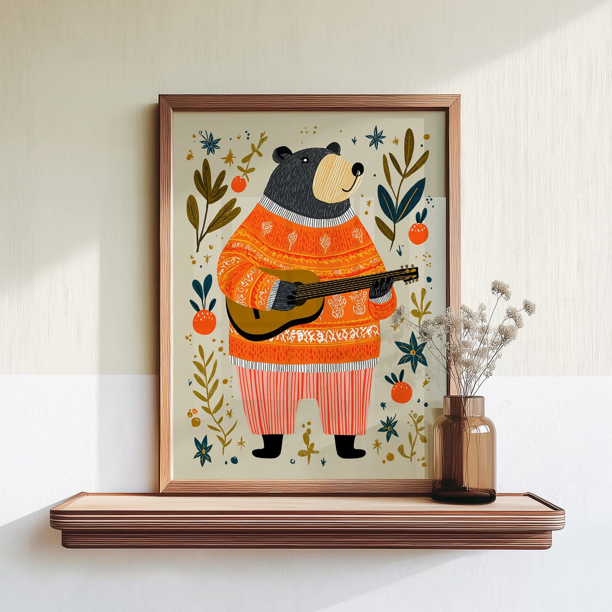 Musical Bear Art Print – Whimsical Nursery Decor Folk Illustration Poster