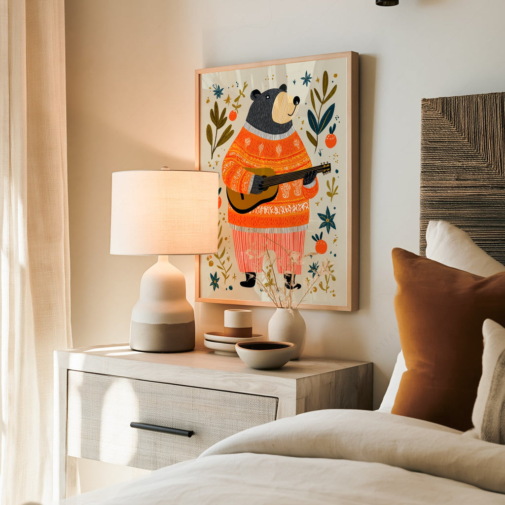 Musical Bear Art Print – Whimsical Nursery Decor Folk Illustration Poster