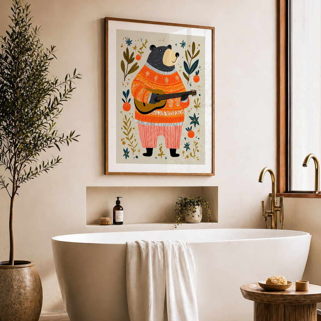 Musical Bear Art Print – Whimsical Nursery Decor Folk Illustration Poster
