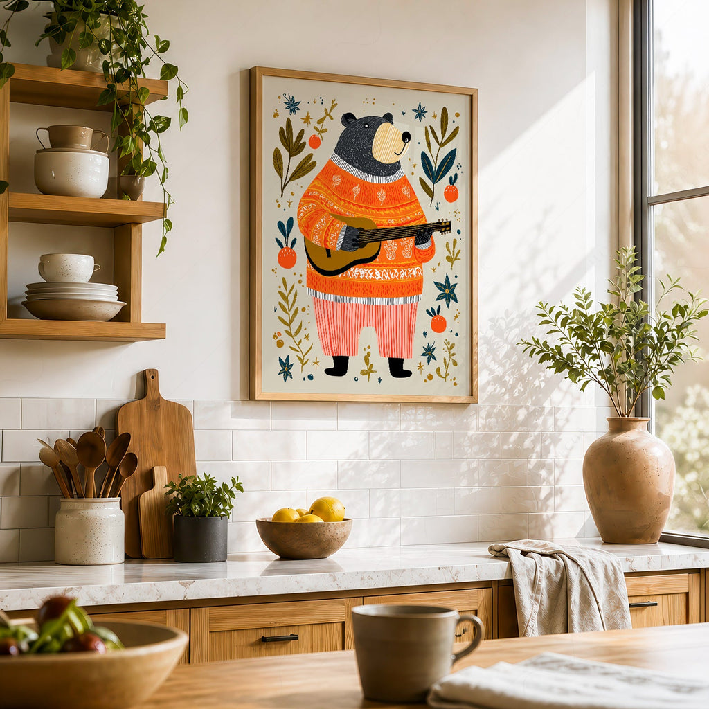 Musical Bear Art Print – Whimsical Nursery Decor Folk Illustration Poster