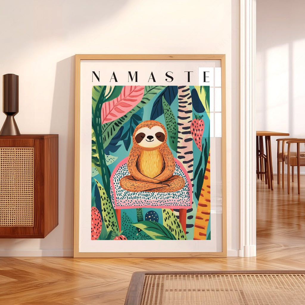 Namaste Sloth Art Print – Tropical Jungle Wall Art Dopamine Decor