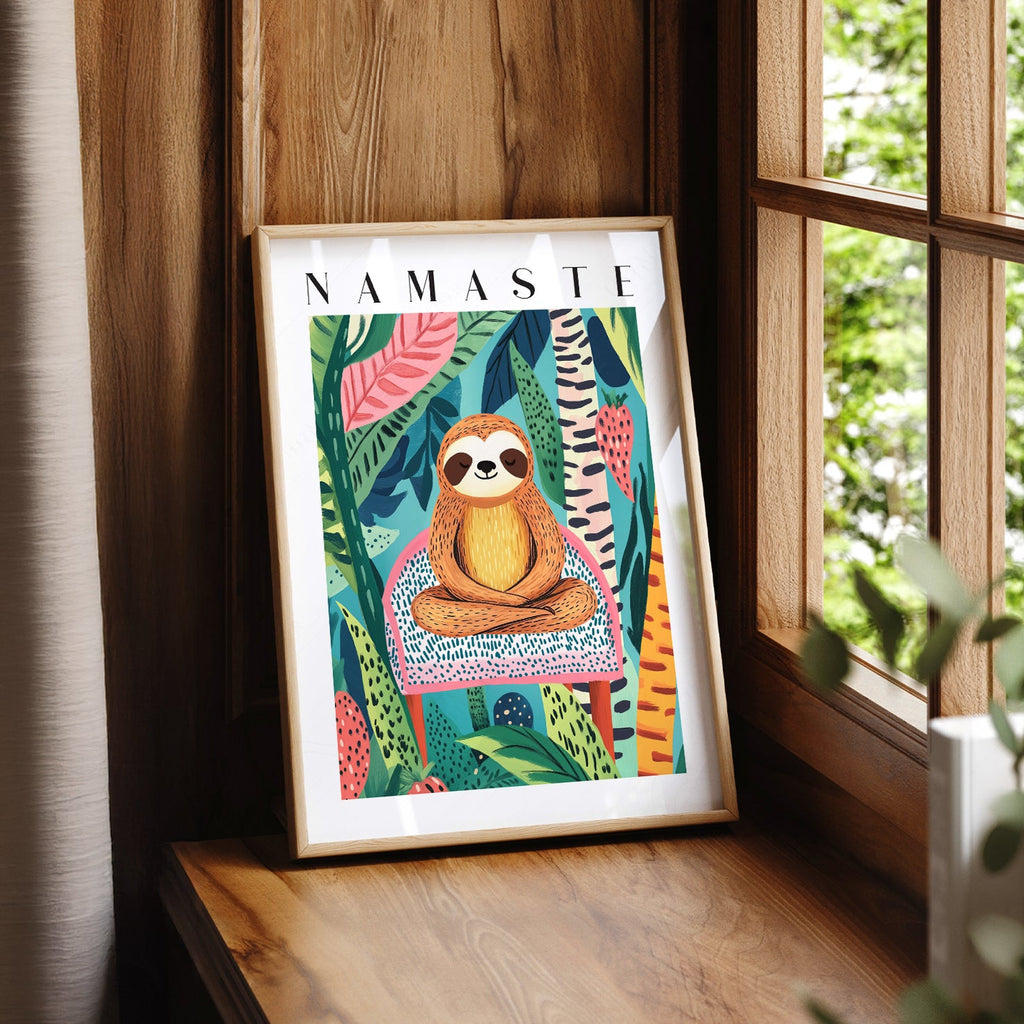 Namaste Sloth Art Print – Tropical Jungle Wall Art Dopamine Decor