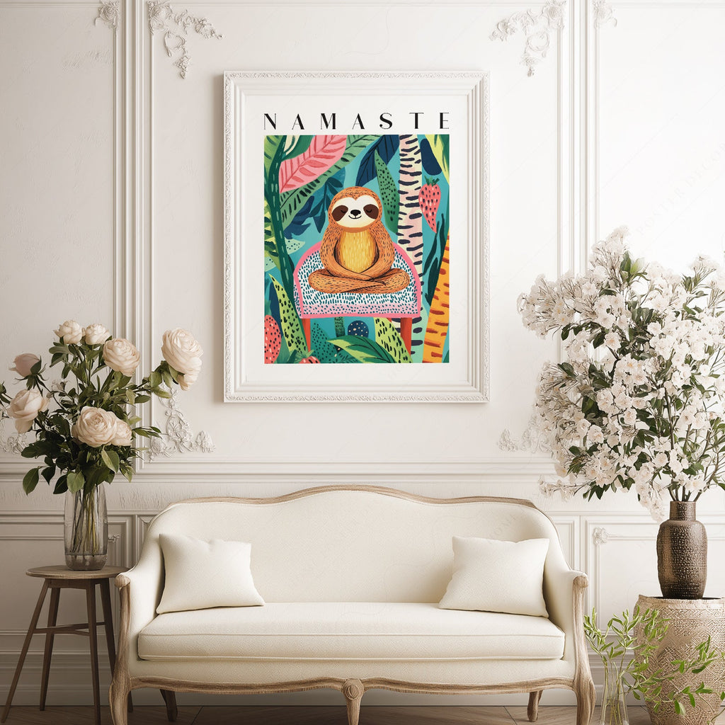 Namaste Sloth Art Print – Tropical Jungle Wall Art Dopamine Decor
