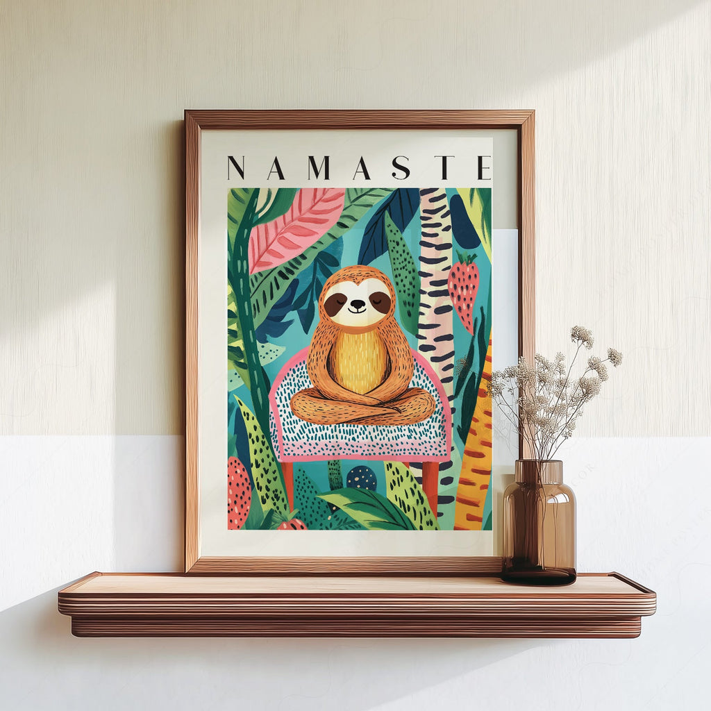 Namaste Sloth Art Print – Tropical Jungle Wall Art Dopamine Decor