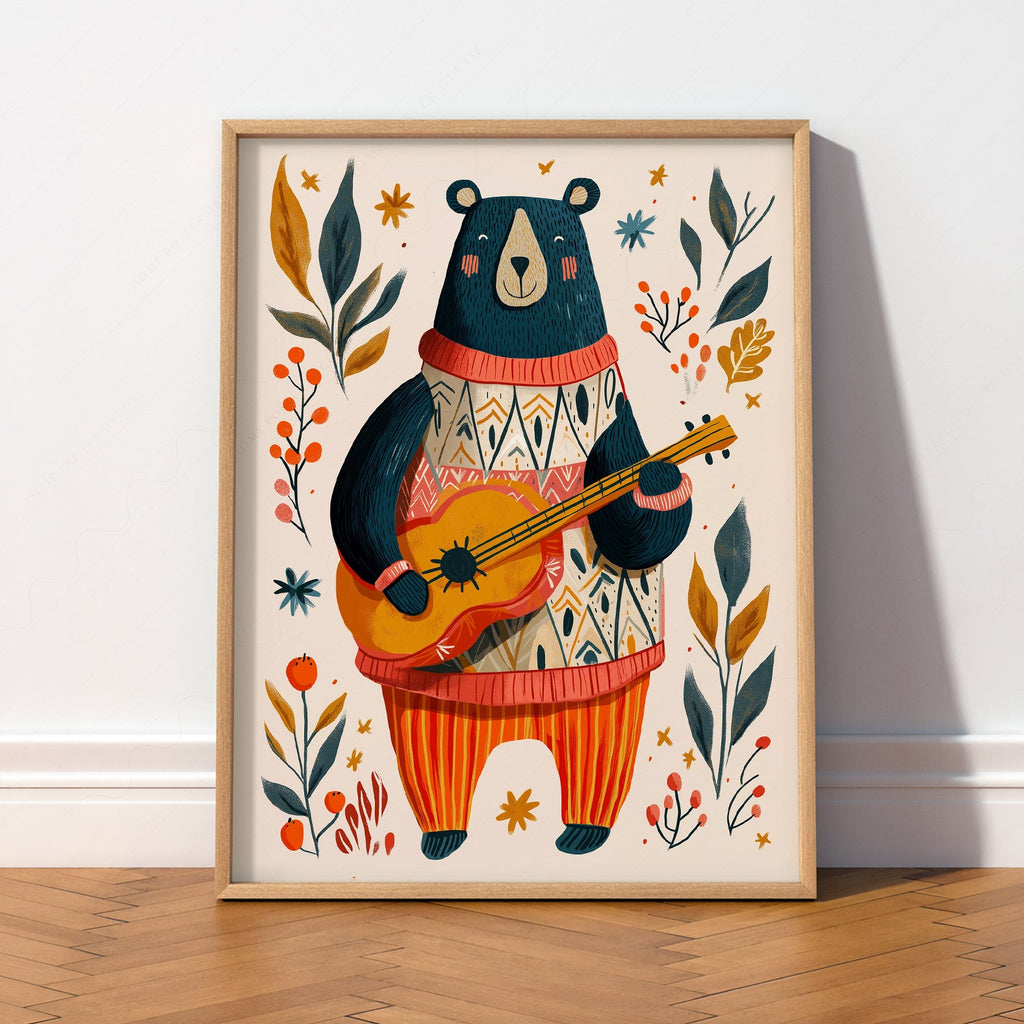 Whimsical Bear Playing Guitar Art Print – Folk Style Nursery Wall Decor