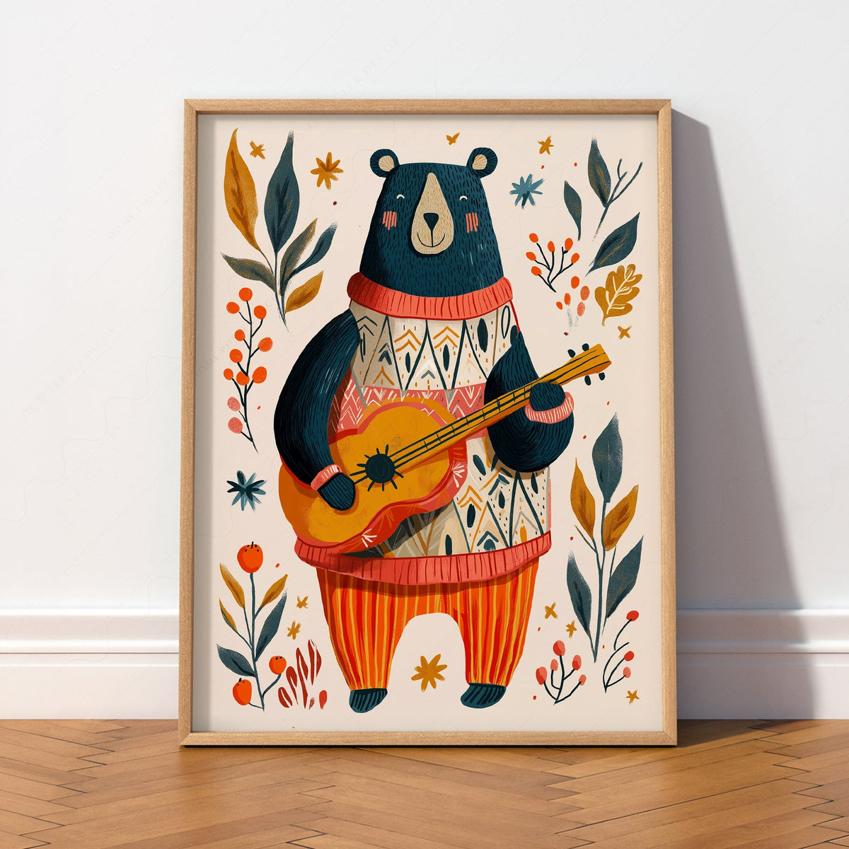 Whimsical Bear Playing Guitar Art Print – Folk Style Nursery Wall Decor