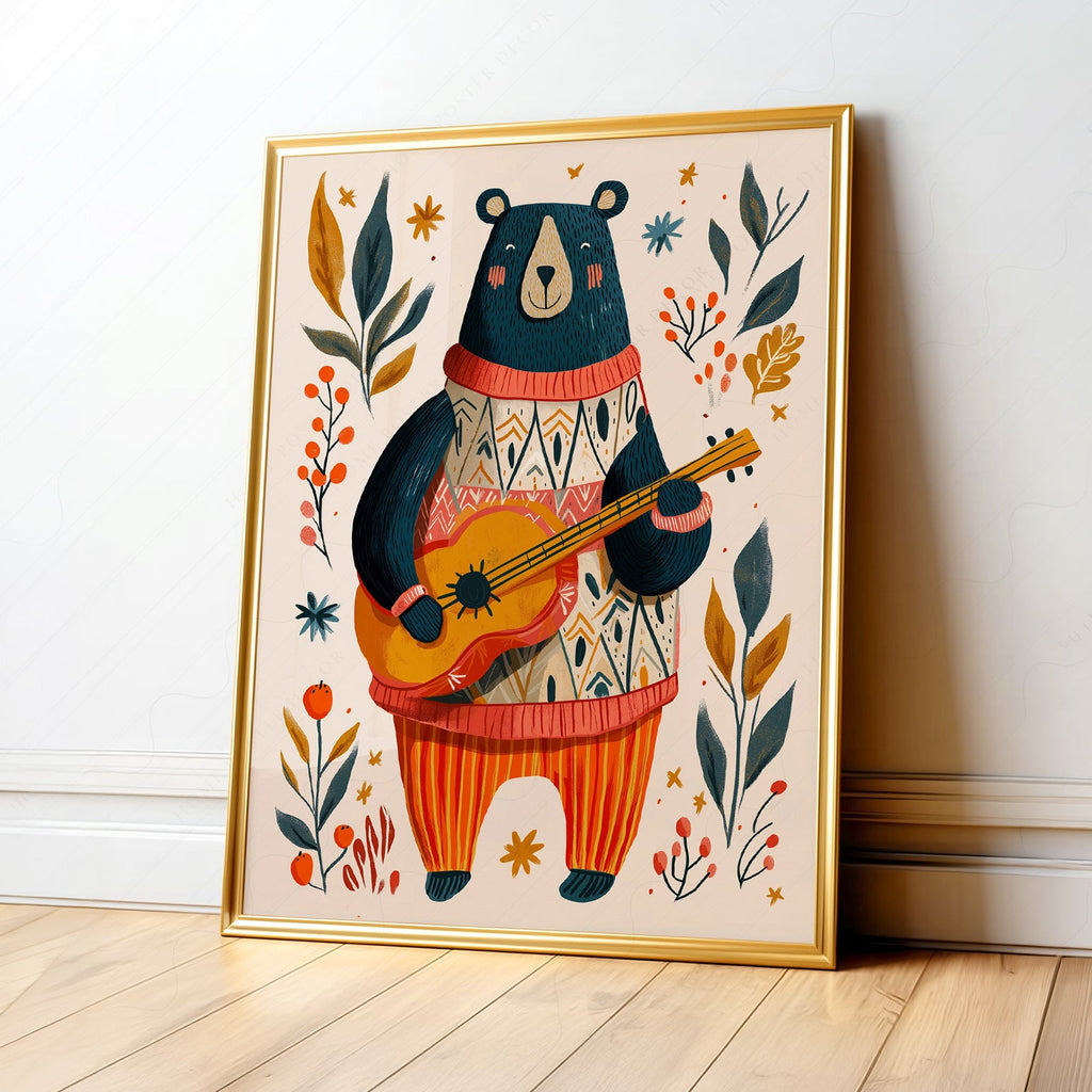 Whimsical Bear Playing Guitar Art Print – Folk Style Nursery Wall Decor
