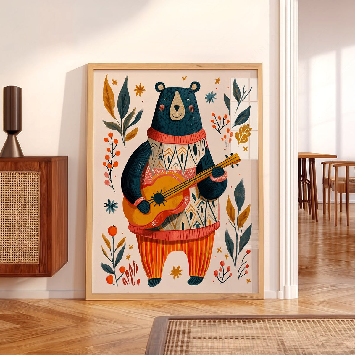 Whimsical Bear Playing Guitar Art Print – Folk Style Nursery Wall Decor
