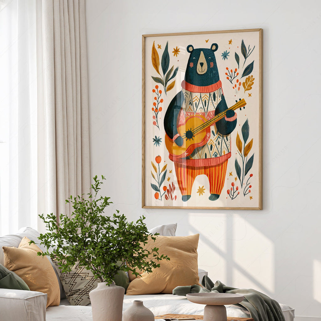 Whimsical Bear Playing Guitar Art Print – Folk Style Nursery Wall Decor