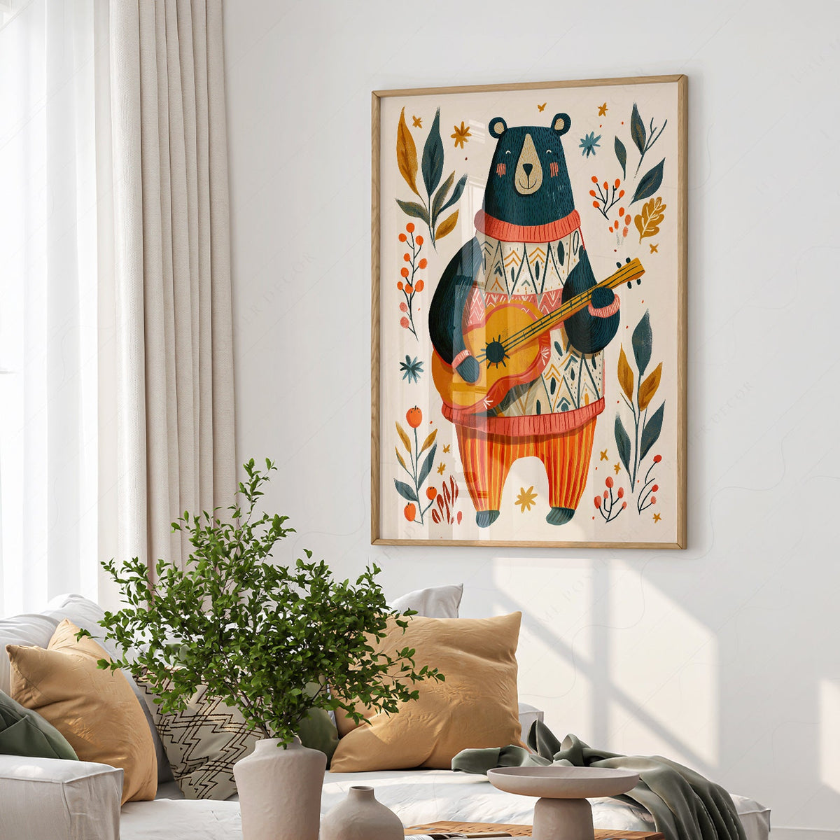 Whimsical Bear Playing Guitar Art Print – Folk Style Nursery Wall Decor