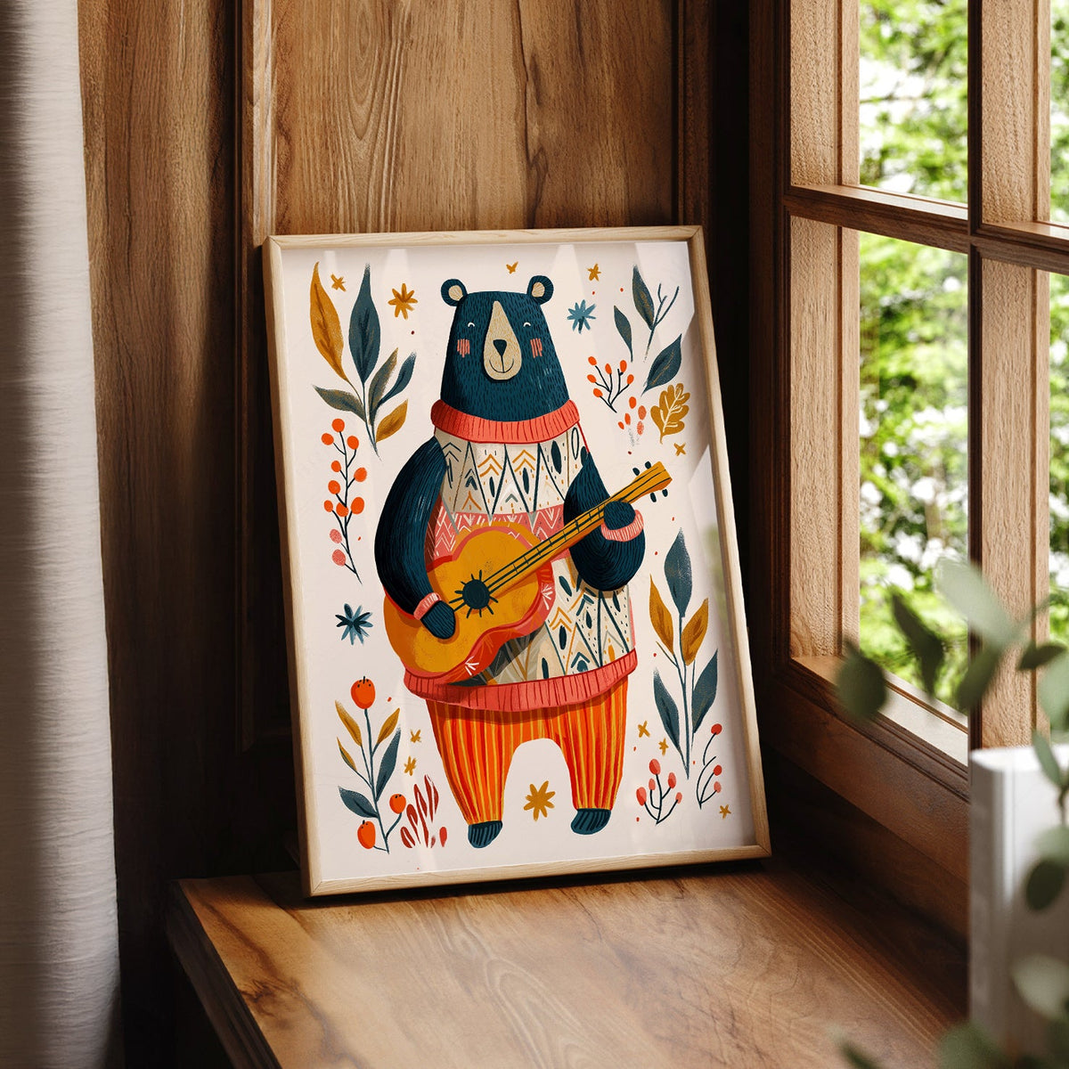 Whimsical Bear Playing Guitar Art Print – Folk Style Nursery Wall Decor
