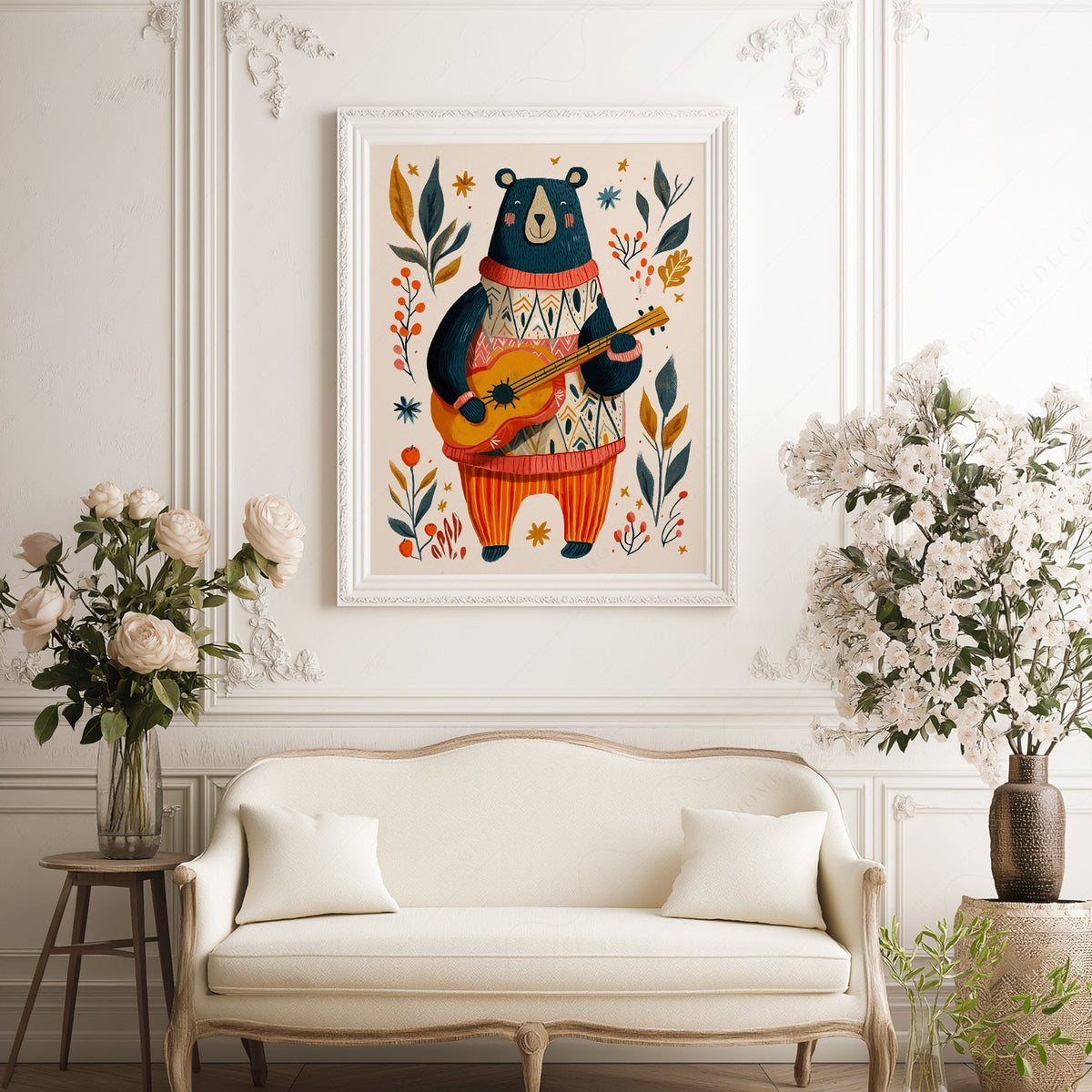 Whimsical Bear Playing Guitar Art Print – Folk Style Nursery Wall Decor