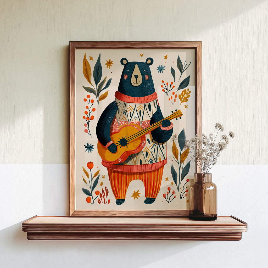 Whimsical Bear Playing Guitar Art Print – Folk Style Nursery Wall Decor