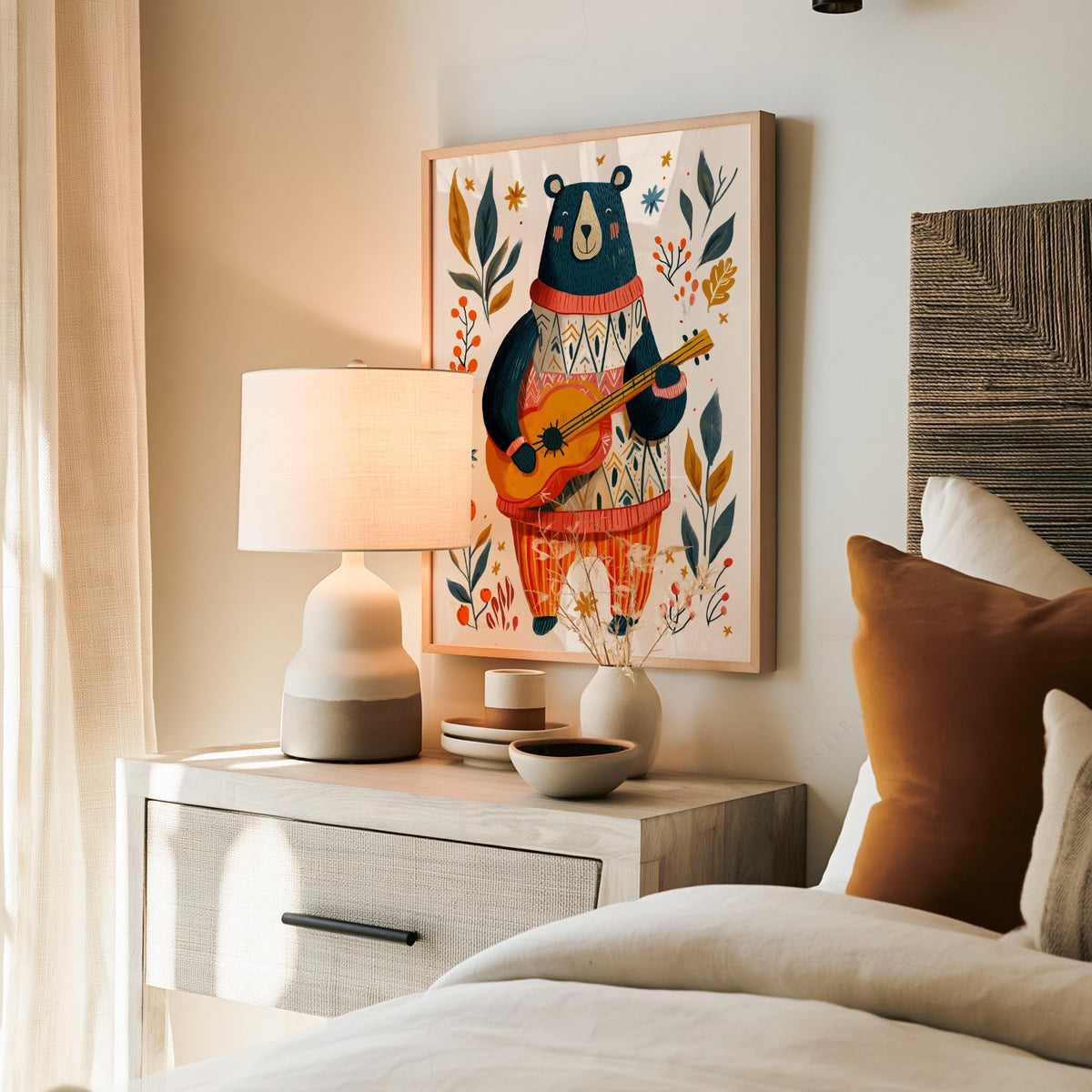 Whimsical Bear Playing Guitar Art Print – Folk Style Nursery Wall Decor