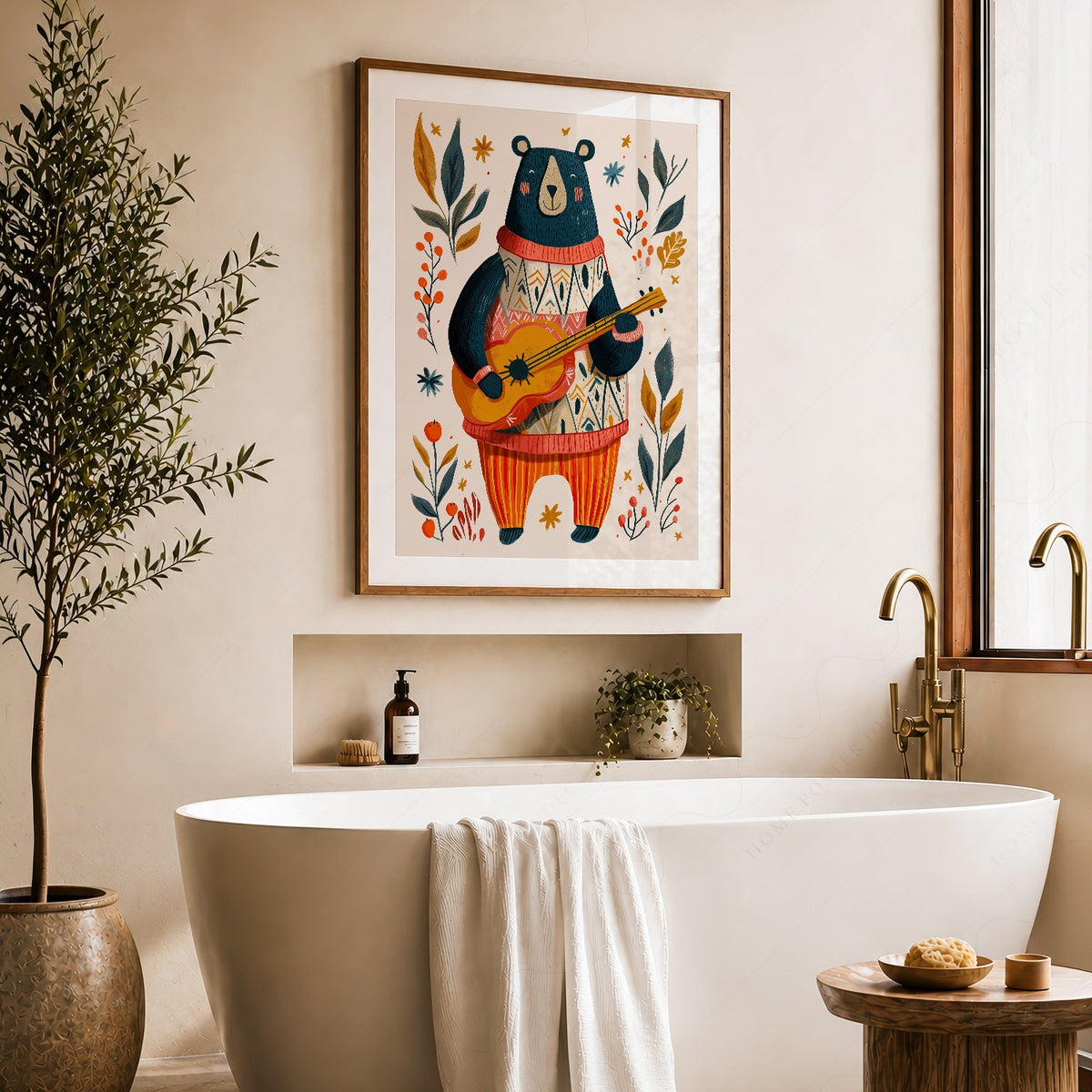 Whimsical Bear Playing Guitar Art Print – Folk Style Nursery Wall Decor